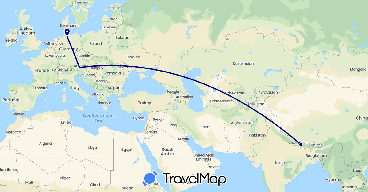 TravelMap itinerary: driving in Austria, Germany, Nepal (Asia, Europe)